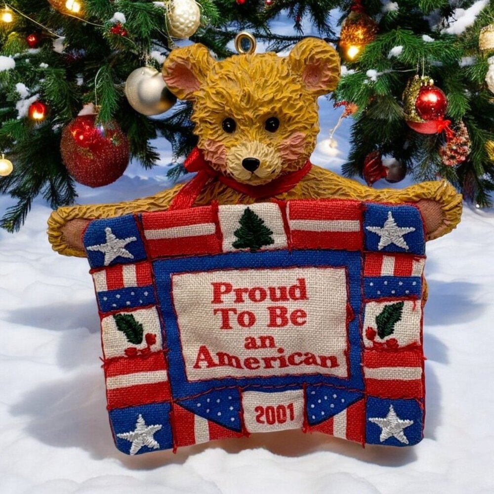 Teddy Bear Holding USA Flag Christmas Tree Ornament Proud To Be An American 2001